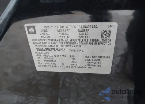 2015 Chevrolet Equinox 1Lt from USA, damaged, VIN 2GNALBEK3F6354233